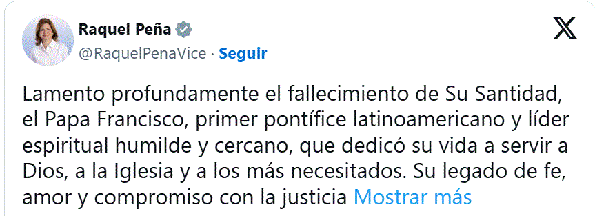 TWITTER RAQUEL P Y PAPA F. 1 Primera dama y vicepresidenta Raquel Peña lamentan fallecimiento del papa Francisco