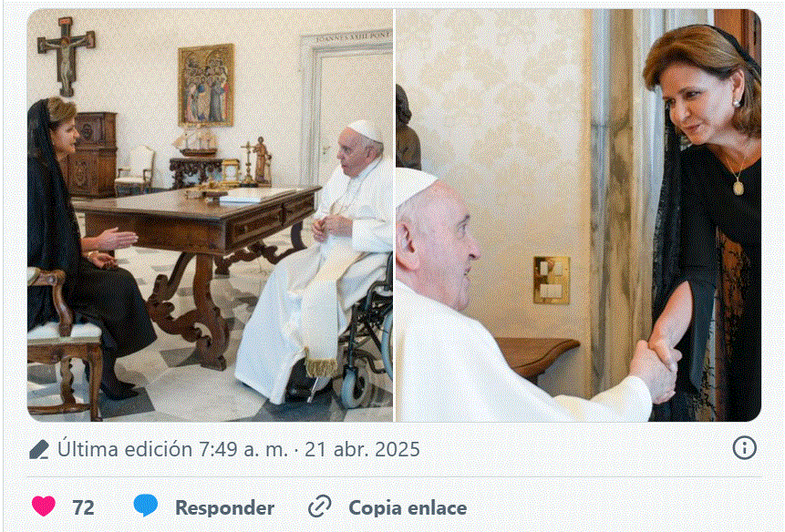 TWITTER RAQUEL P Y PAPA F Primera dama y vicepresidenta Raquel Peña lamentan fallecimiento del papa Francisco