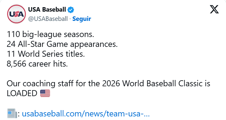 EU presenta su cuerpo técnico para Clásico Mundial de Béisbol 2026 3 USA BASEBALL EU presenta su cuerpo técnico para Clásico Mundial de Béisbol 2026