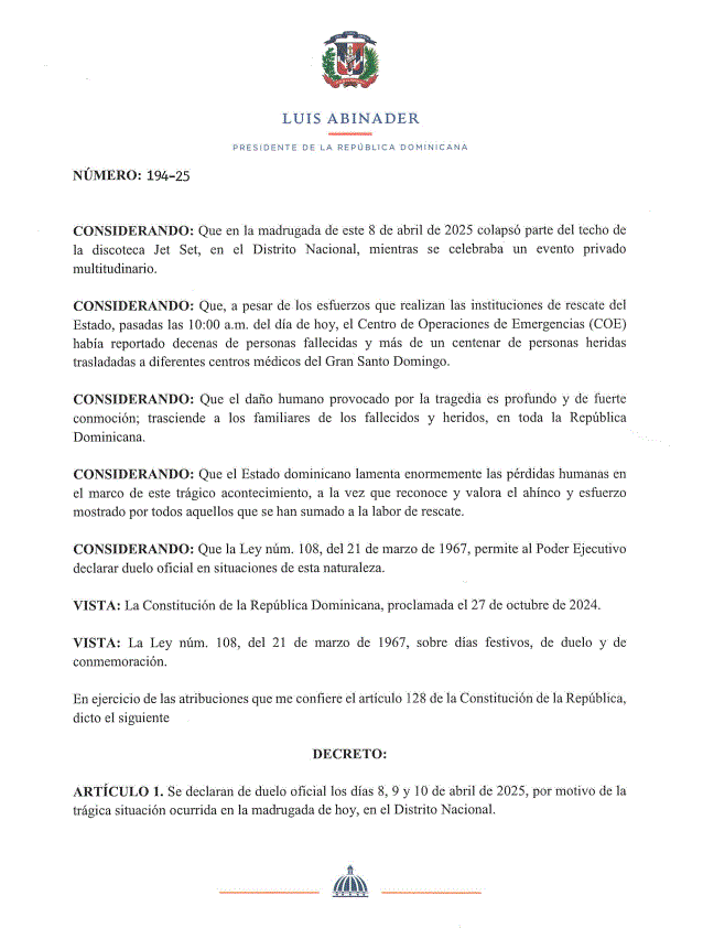 Abinader declara tres días de duelo nacional por tragedia en discoteca Jet Set 3 duelo jet set Abinader declara tres días de duelo nacional por tragedia en discoteca Jet Set