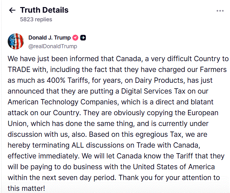 TWIITTER TRUMP Trump rompe la negociación comercial con Canadá