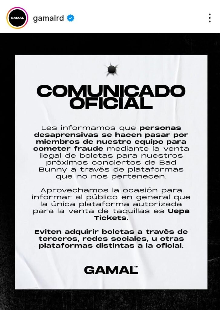 TWITTER BAD BUNNY 3 GAMAL orienta al público sobre la compra segura de boletas para conciertos de Bad Bunny