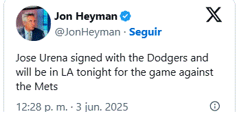 TWITTER JOSE URENA Dodgers acuerdan con lanzador dominicano Jose Ureña