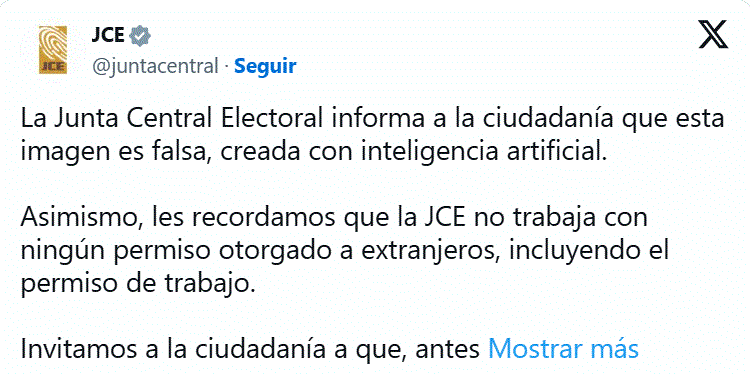 TWITTER JUNTA CENTRAL ELECTORAL 2 JCE desmiente imagen falsa generada con IA sobre permisos a extranjeros