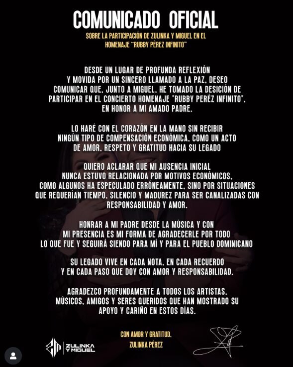 ZULINKA comunicado Zulinka confirma participación en homenaje de su padre Rubby Pérez