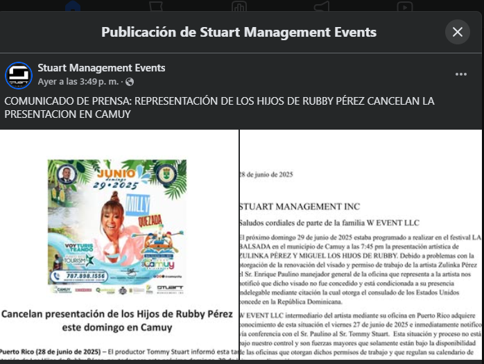 Zulinka Perez CANCELAN PRESENTACION Cancelan presentación de los Hijos de Rubby Pérez en PR por problemas de visado