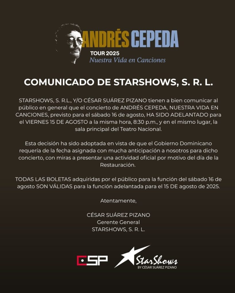Concierto de Andrés Cepeda en RD es adelantado para el 15 de agosto 3 ANDRES CEPEDA COMUNICADO Concierto de Andrés Cepeda en RD es adelantado para el 15 de agosto