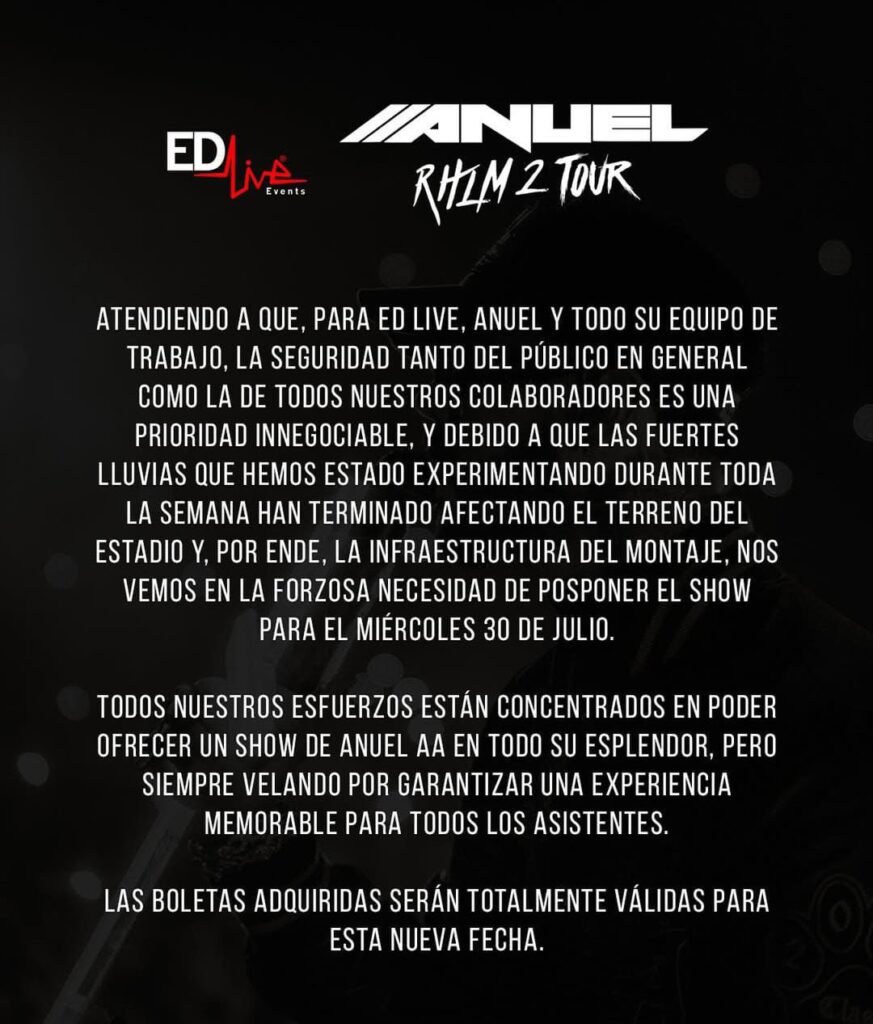 ANUEL AA AVISO A solo horas del concierto, posponen show de Anuel AA en RD