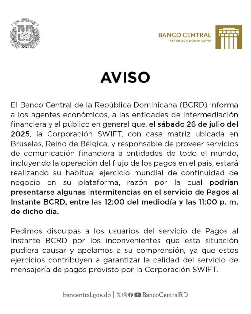 BANCO CENTRAL AVISO Banco Central informa pagos al instante presentarán intermitencias este sábado