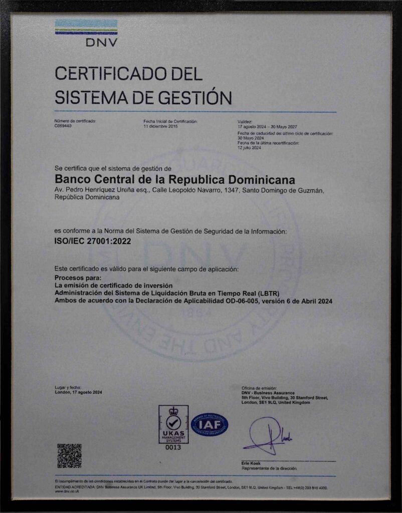 BCRD recibe recertificación en Gestión de Seguridad de la Información 3 Certificado de sistema de gestion BCRD recibe recertificación en Gestión de Seguridad de la Información