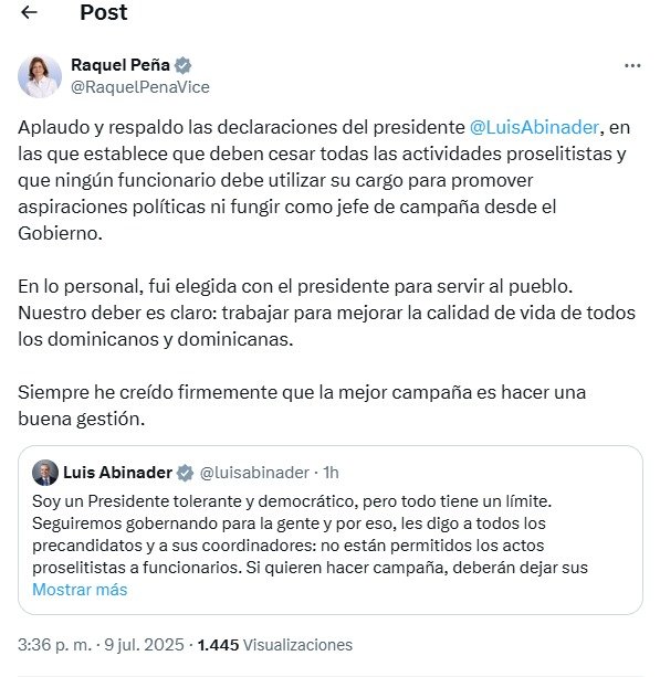 Vice Raquel Peña respalda a Abinader sobre proselitismo en oficinas públicas 3 TWITTER RAQUEL PENA 1 Vice Raquel Peña respalda a Abinader sobre proselitismo en oficinas públicas