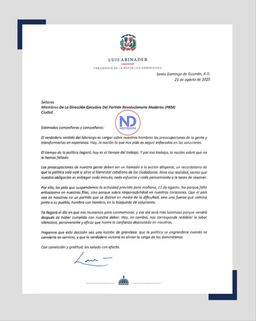 Abinader pide suspender acto del PRM por 5 años de gobierno: "la prioridad es trabajar por la gente" 3 Carta Abinader a Direccion Ejecutiva PRM Abinader pide suspender acto del PRM por 5 años de gobierno: "la prioridad es trabajar por la gente"