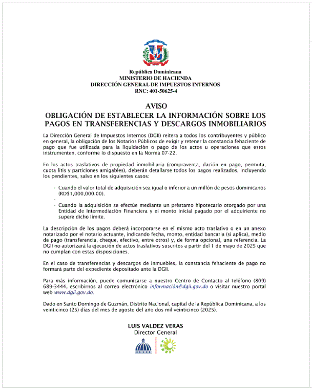 DGII CARTA 1 DGII reitera obligación de establecer información sobre pagos en transferencias y descargos inmobiliarios
