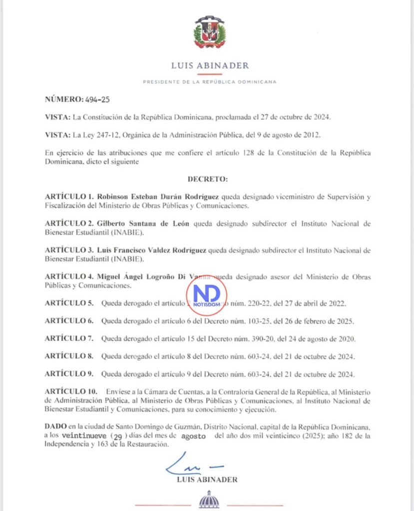 Presidente Abinader hace nuevas designaciones en Obras Públicas y el INABIE 3 Decreto num. 494 25 Presidente Abinader hace nuevas designaciones en Obras Públicas y el INABIE