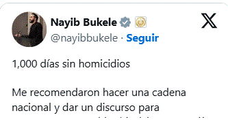 El Salvador registra 1.000 días sin homicidios, según Bukele 3 NAYIB BUKELE El Salvador registra 1.000 días sin homicidios, según Bukele
