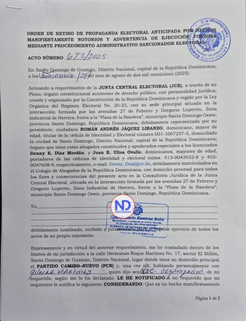 PCN 01 JCE ordena al Partido Camino Nuevo retirar vallas de Omar Fernández por propaganda anticipada