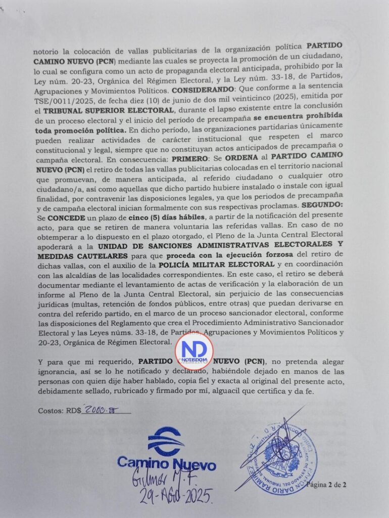 PCN 02 JCE ordena al Partido Camino Nuevo retirar vallas de Omar Fernández por propaganda anticipada
