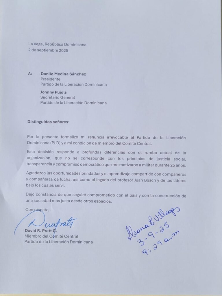 David R. Pratt CARTA Renuncia de David Pratt del PLD complica situación del partido en La Vega