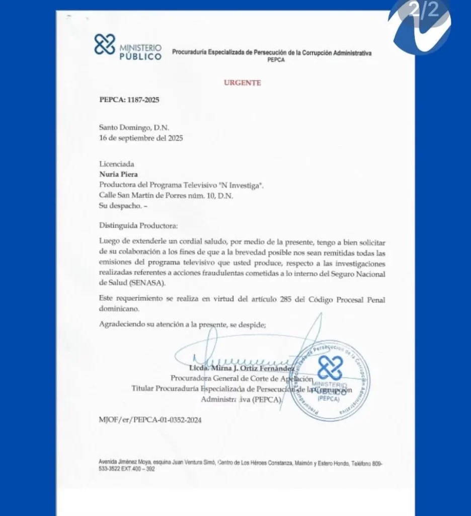 Nuria Piera carta Procuraduría solicita con urgencia programas sobre corrupción en SeNaSa a Nuria Piera