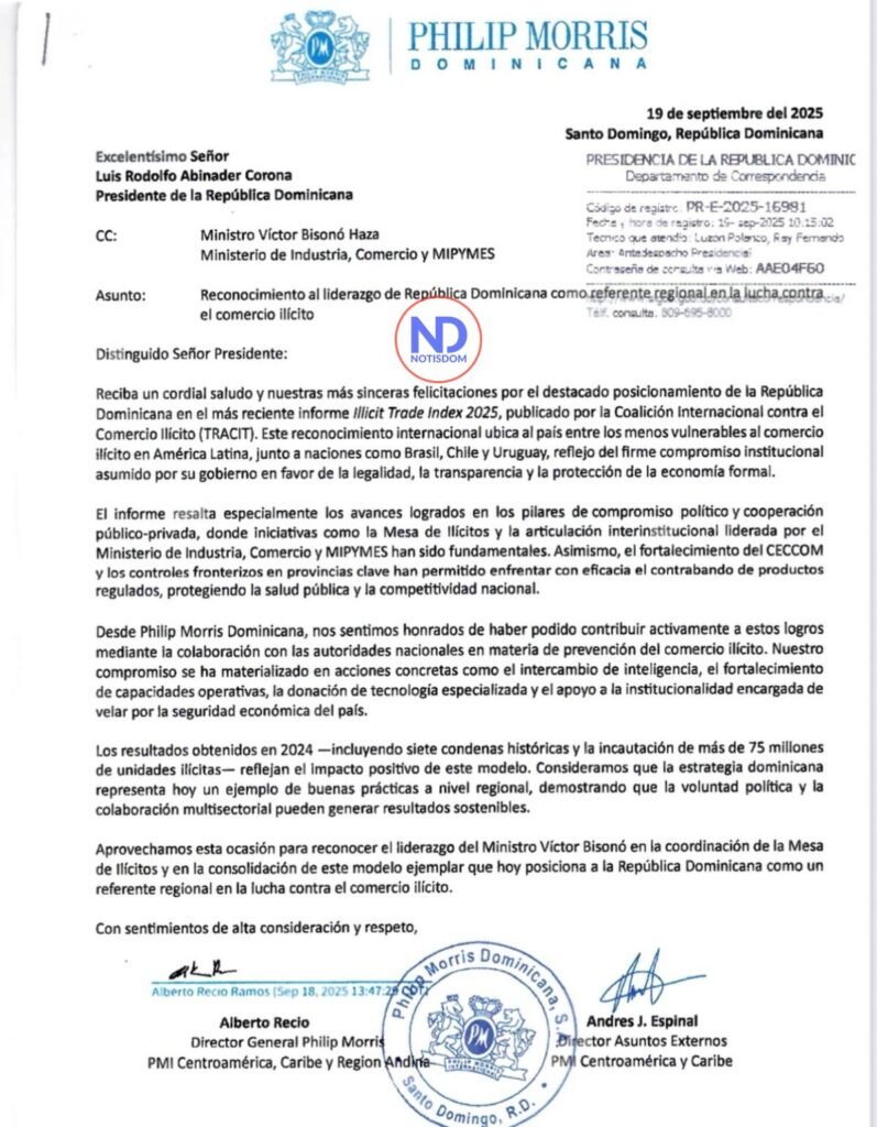 Philip Morris felicita Abinader Philip Morris destaca liderazgo de República Dominicana en la lucha contra el comercio ilícito