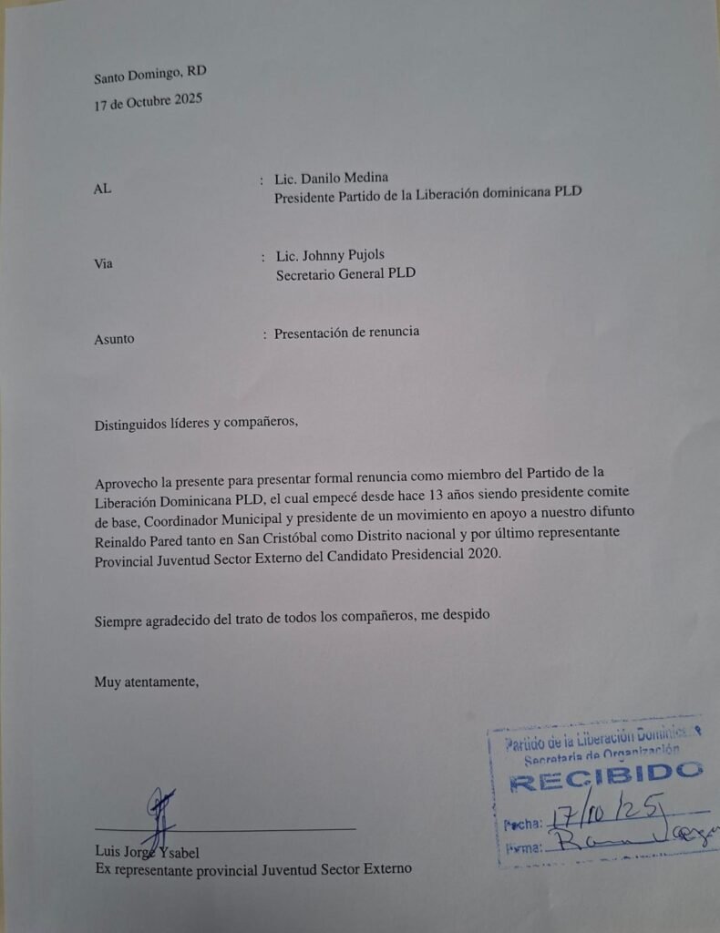 Luis Jorge Ysabel CARTA Renuncia exdirigente PLD en San Cristóbal