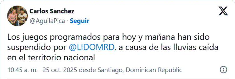Tormenta Melissa alarga posposiciones en Lidom; no se jugará este fin de semana 3 TWITTER CARLOS SANCHEZ Tormenta Melissa alarga posposiciones en Lidom; no se jugará este fin de semana
