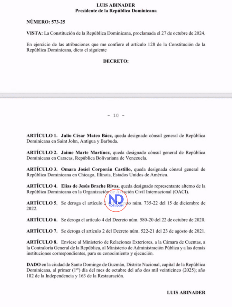 WhatsApp Image 2025 10 20 at 2.57.37 PM Decreto 573-25: Presidente Abinader designa nuevos cónsules en Estados Unidos, Venezuela y el Caribe
