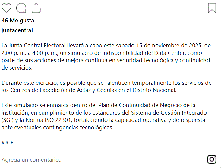 Simulacro de la JCE podría ralentizar servicios de actas y cédulas en el Distrito Nacional 4 JCE COMUNICADO 1 Simulacro de la JCE podría ralentizar servicios de actas y cédulas en el Distrito Nacional