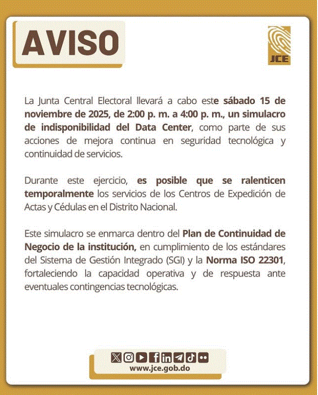 Simulacro de la JCE podría ralentizar servicios de actas y cédulas en el Distrito Nacional 3 JCE COMUNICADO Simulacro de la JCE podría ralentizar servicios de actas y cédulas en el Distrito Nacional