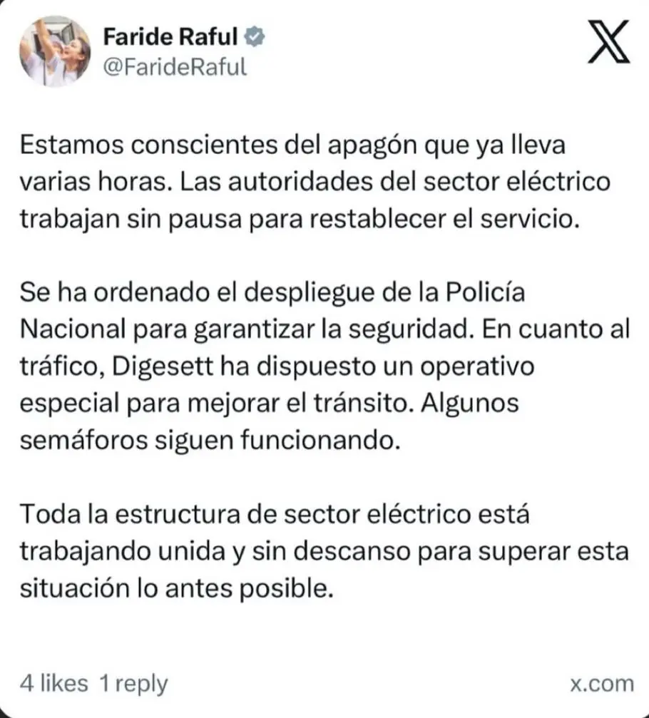 Gobierno despliega Policía Nacional y Digesett refuerza el tránsito por apagón prolongado 3 TWITTER FARIDE RAFUL Gobierno despliega Policía Nacional y Digesett refuerza el tránsito por apagón prolongado