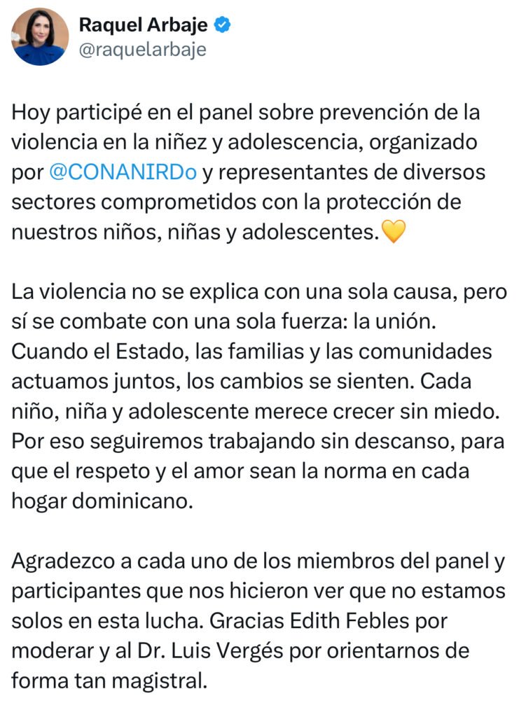 TWITTER RAQUEL ALBAJE Raquel Arbaje participa en panel sobre prevención de la violencia infantil y llama a la unión para proteger a la niñez