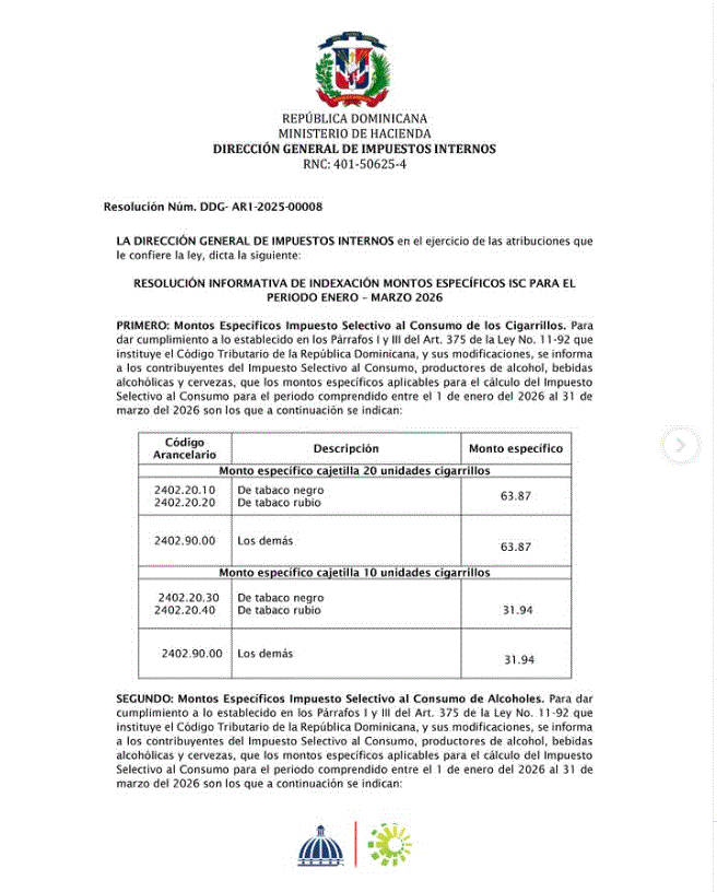 DGII informa montos específicos aplicables a bebidas alcohólicas y cigarrillos enero-marzo 2026 3 DGII 2 DGII informa montos específicos aplicables a bebidas alcohólicas y cigarrillos enero-marzo 2026