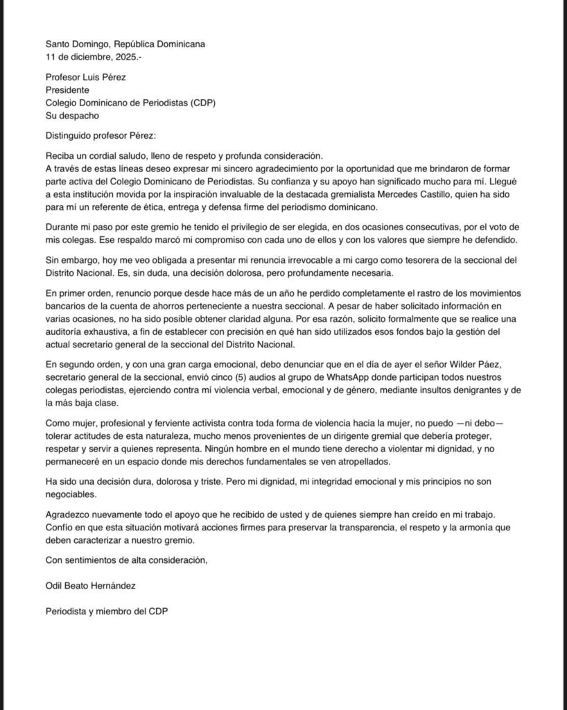 Odil Beato CARTA Odil Beato, tesorera del Colegio de Periodistas del DN, renuncia a su puesto