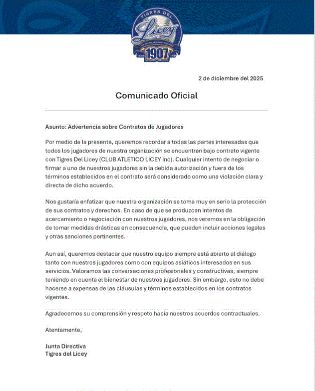 licey comunicado especial 2 LIDOM y FENAPEPRO negocian salida jugadores a ligas asiáticas
