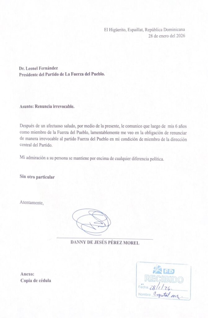 Danny de Jesus Perez Morel carta Renuncia de la FP Danny de Jesús Pérez Morel, director municipal de Higüerito