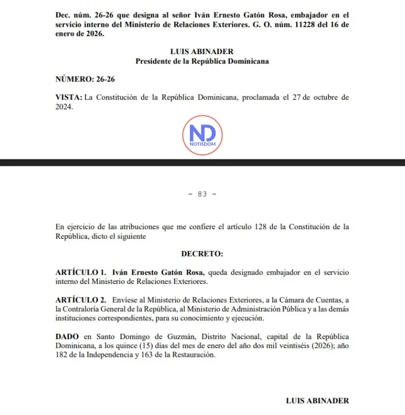 Decreto 26-26: Abinader designa a Iván Gatón como embajador en el servicio interno del Mirex 3 Decreto 26 26 Decreto 26-26: Abinader designa a Iván Gatón como embajador en el servicio interno del Mirex