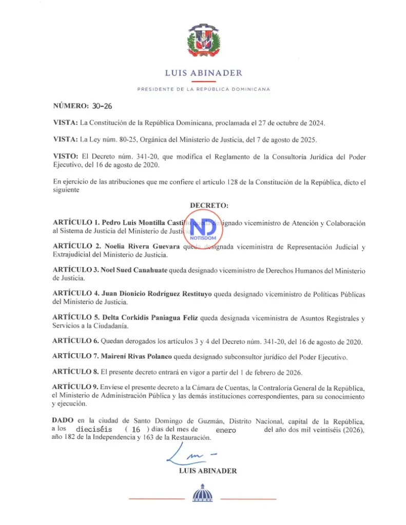 Decreto 30 26 1 Delta Paniagua Féliz asume Viceministerio de Asuntos Registrales y Atención Ciudadana