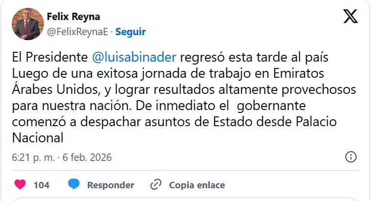 TWITTER FELIX REYNA Abinader regresa al país tras participar en Cumbre Mundial de Gobiernos en Emiratos Árabes