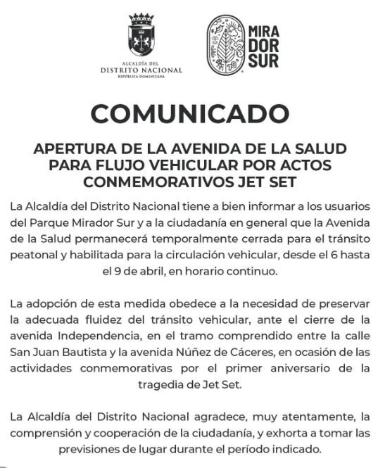 Comunicado de la Alcaldia del DN Avenida Independencia cerrará en honor a víctimas de Jet Set