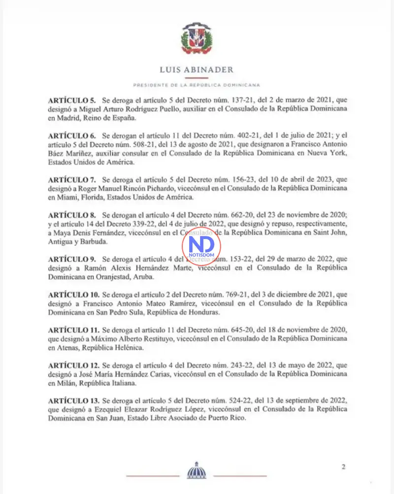 Decreto 149 26 Pag 2 Abinader deroga designaciones de 15 funcionarios consulares mediante decreto 149-26