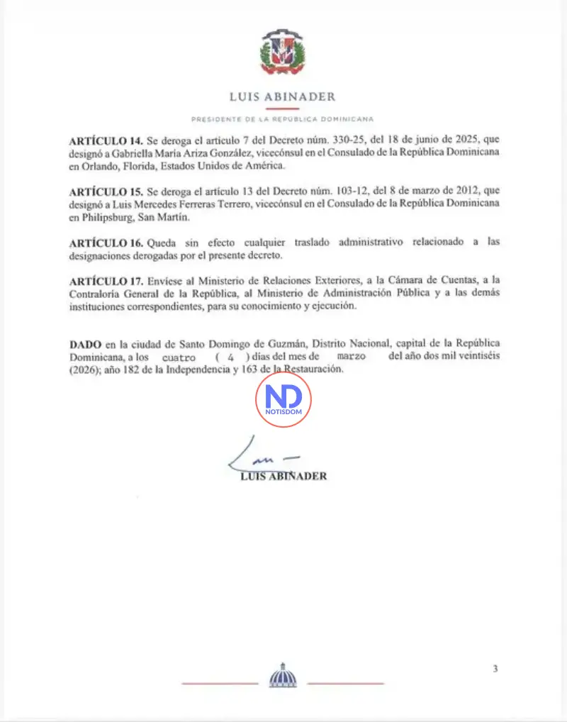 Decreto 149 26 Pag 3 Abinader deroga designaciones de 15 funcionarios consulares mediante decreto 149-26
