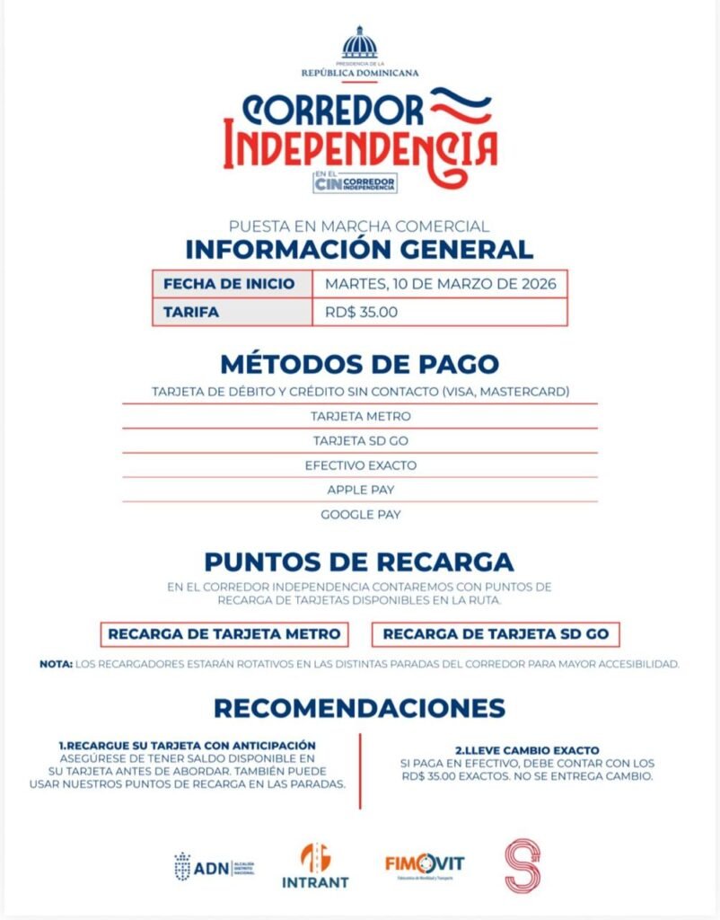 Pago de servicio Corredor Independencia iniciará cobro de pasaje de RD$35 a partir del martes