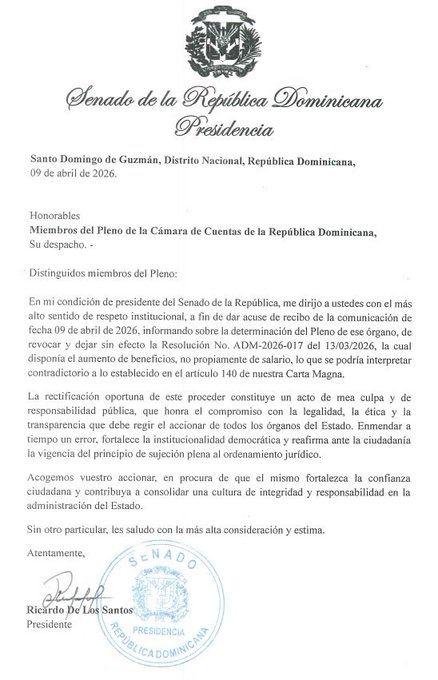 CARTA SENADO Senado valora “mea culpa” de Cámara de Cuentas por aumento salarial y resalta enmendó a tiempo