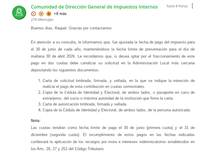 COMUNIDAD DE DIRECCION DE IMPUESTOS DGII modifica fecha de pago Contribución de Residuos Sólidos