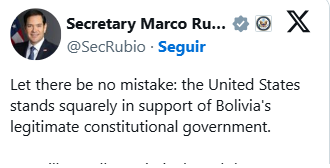 MARCO RUBIO TWITTER Advierte EE.UU. no permitirá Gobierno Bolivia sea derrocado