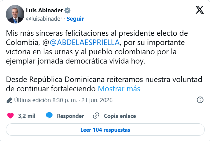 Abinader felicita a Abelardo de la Espriella por su elección como presidente de Colombia 3 LUIS ABINADER EN TWITTER Abinader felicita a Abelardo de la Espriella por su elección como presidente de Colombia