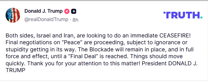 TWITTER DONALD TRUMP Trump pide a Israel e Irán que cesen fuego «inmediatamente»