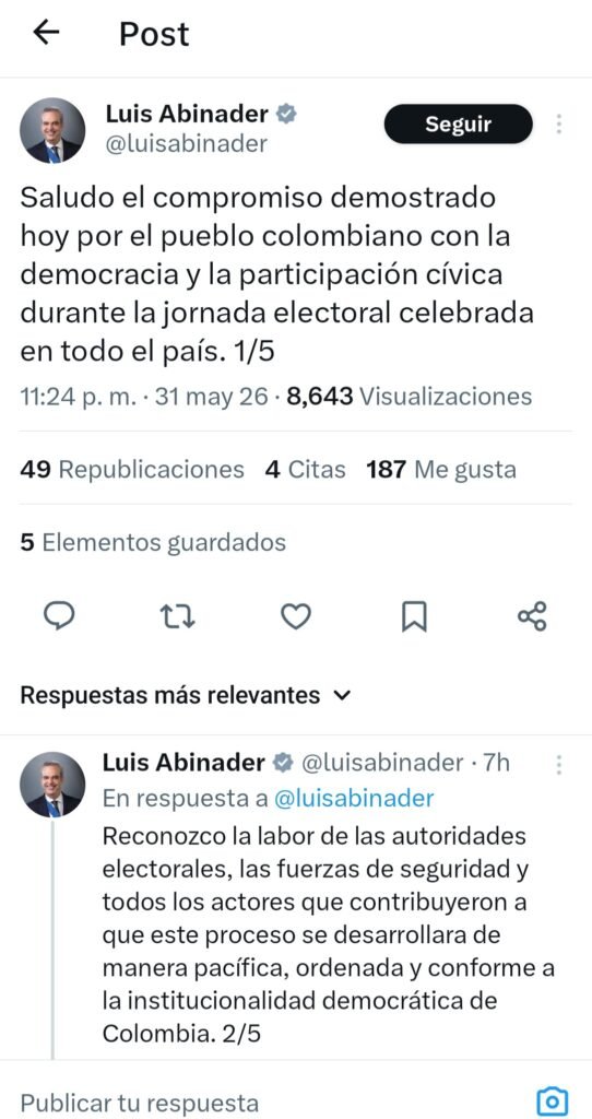 Presidente Abinader saluda compromiso de Colombia con la democracia en elecciones 3 TWITTER LUIS ABINADER Presidente Abinader saluda compromiso de Colombia con la democracia en elecciones
