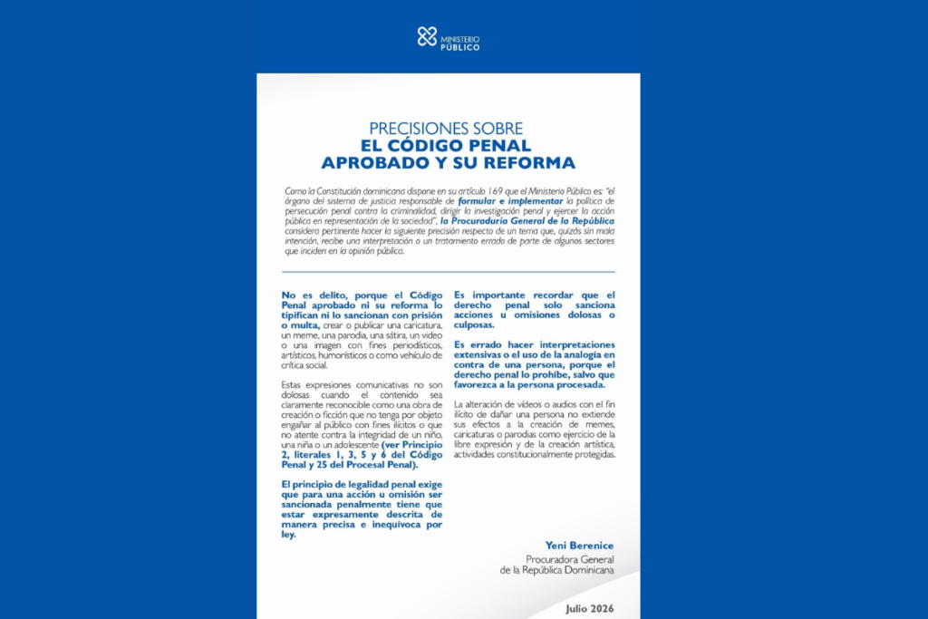 Procuradora aclara que el nuevo Código Penal no penaliza memes, parodias ni caricaturas 3 Comunicado del Ministerio Publico Procuradora aclara que el nuevo Código Penal no penaliza memes, parodias ni caricaturas