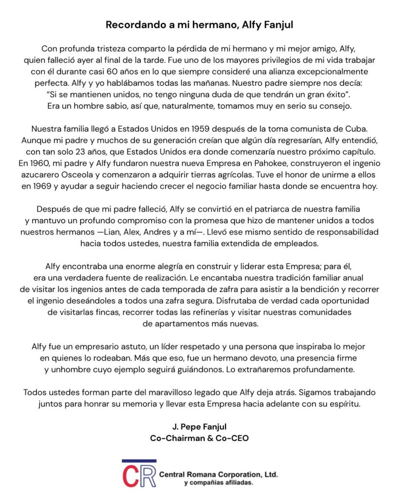 Carta a Alfy Fanjul Pepe Fanjul dedica emotiva carta a la memoria de su hermano Alfy: «Se convirtió en el patriarca de nuestra familia»